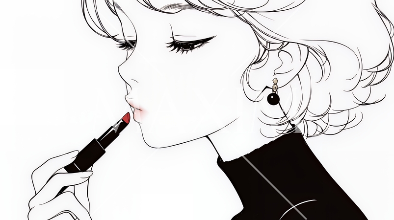 化粧をしている（口紅をつけている）若い女性（シンプルな色使い）