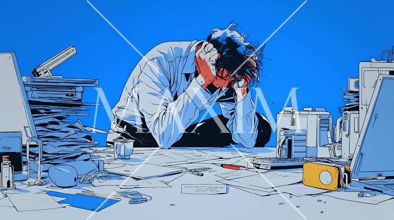 深夜残業で疲弊する会社員｜過労とストレスに悩むビジネスパーソン（ブラック企業イメージ）