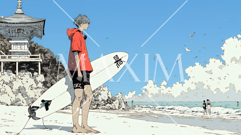 サーフボードを持ち海を見つめる若い男性｜ビーチ・リゾート・ライフスタイル・アウトドア