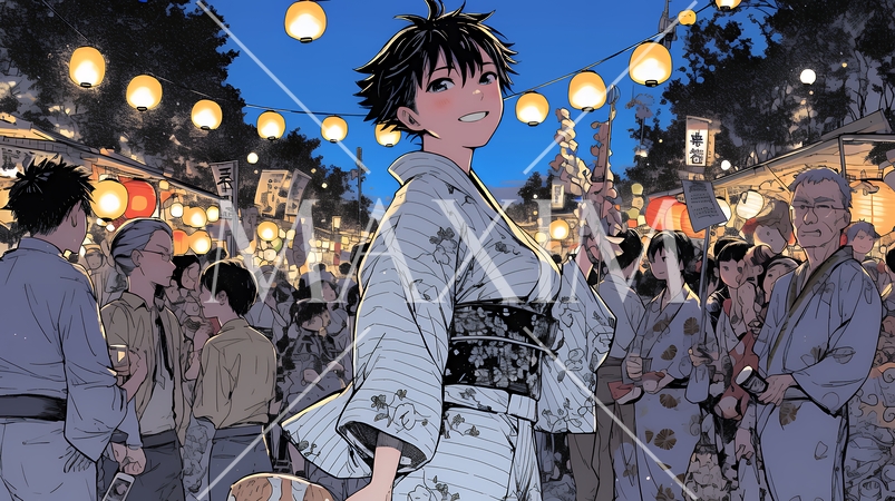 縁日屋台が立ち並び、賑わいを見せる祭りの夜