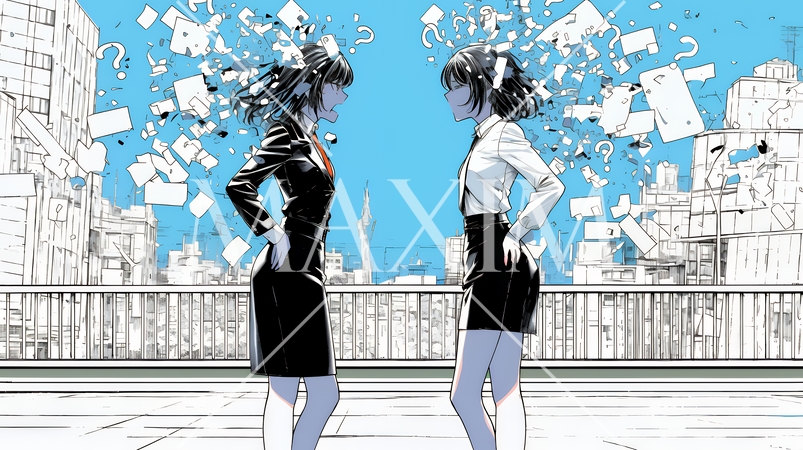 互いに相手の意見を十分に理解できないまま対話を続ける二人のビジネスウーマン