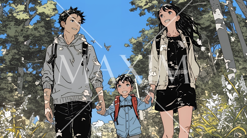 仲の良い家族：父親、母親、その子どもが仲良く連れ立って歩いている