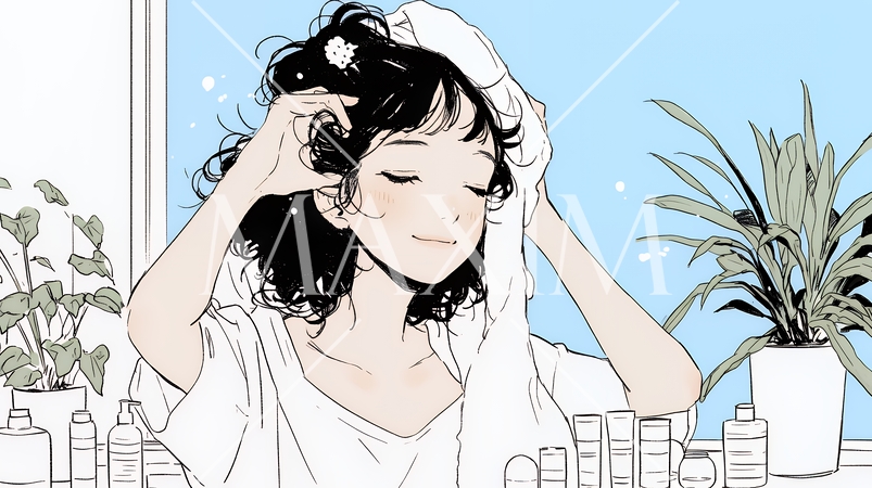 スキンケアを念入りに行う若い女性（シンプルな色使い）