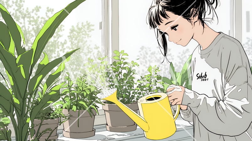 観葉植物の世話をする若い女性