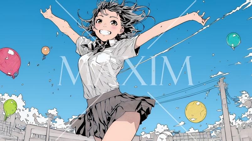 嬉しさのあまり飛び跳ねる制服姿の女子高生