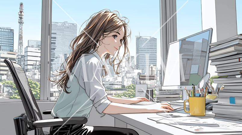職場のデスクでパソコンに向かって仕事をしているビジネスウーマン