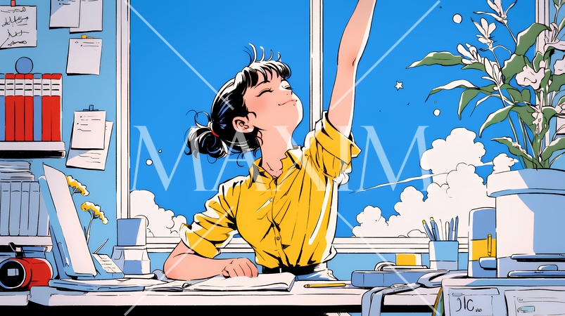 仕事の合間にストレッチ（伸び）をする女性