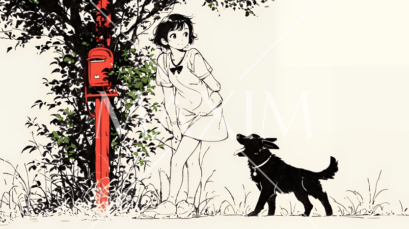 愛犬と散歩している若い女性（シンプルな色使い）