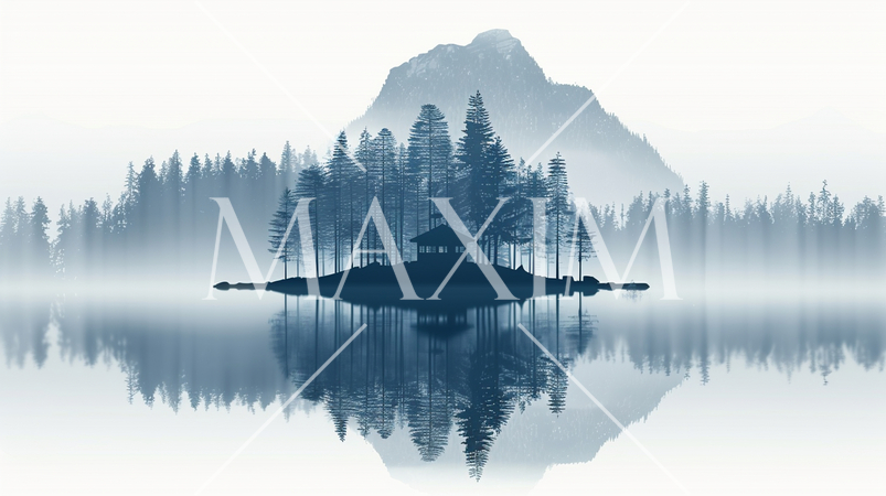 朝霧が立ちこめる湖畔の小島に建つコテージ