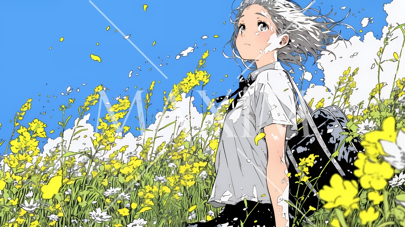 春風の中、菜の花畑にいる制服姿の女子高生