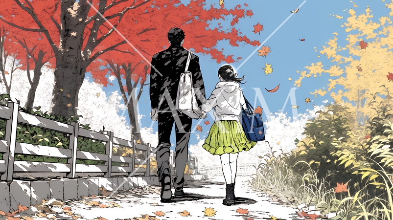 紅葉の小径を仲良く歩く少女と父親