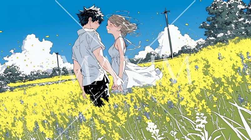 菜の花畑でデートをしている若いカップル