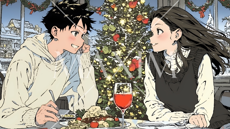 クリスマスディナーを楽しんでいる若いカップル