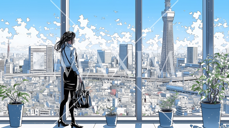高層ビル群を見下ろすキャリア女性