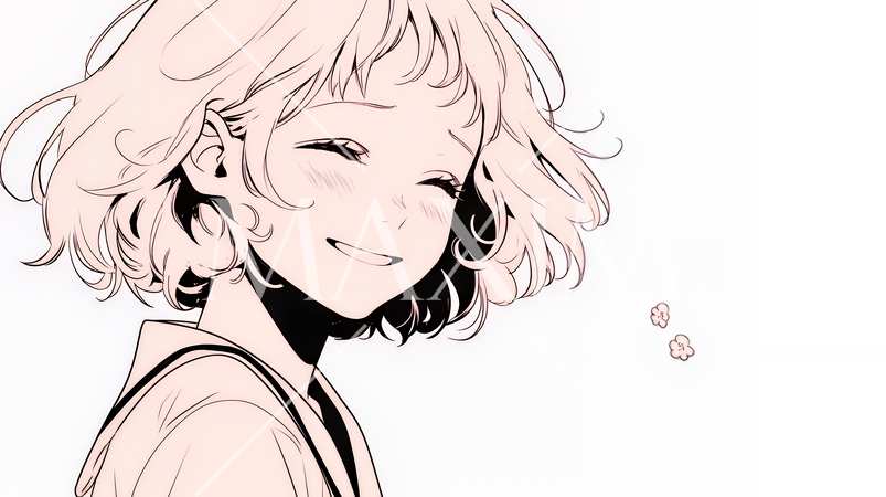 「うふふ」と微笑んでいる若い女性（シンプルな色使い）