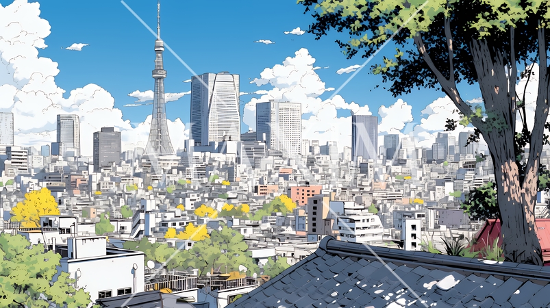 都市の町並みと青空