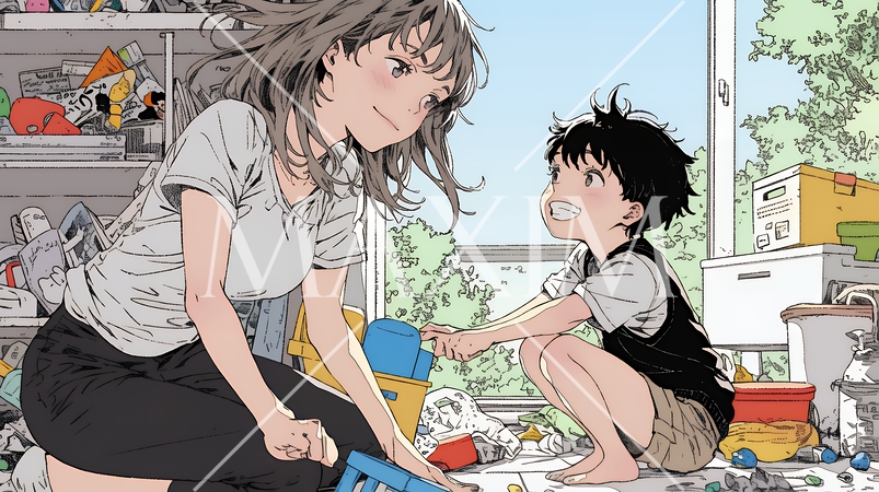 家の中で子どもと遊んでいる若い母親