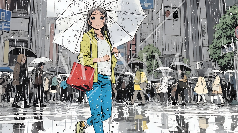 雨の日に傘をさして歩く若い女性