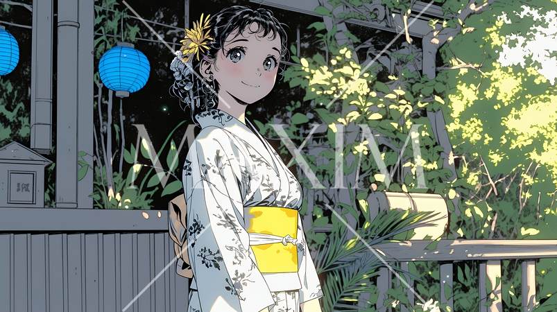 浴衣姿で夕涼みをしている若い女性