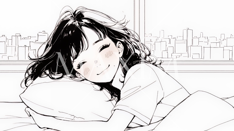 幸せそうな寝顔で眠っている若い女性（シンプルな色使い）