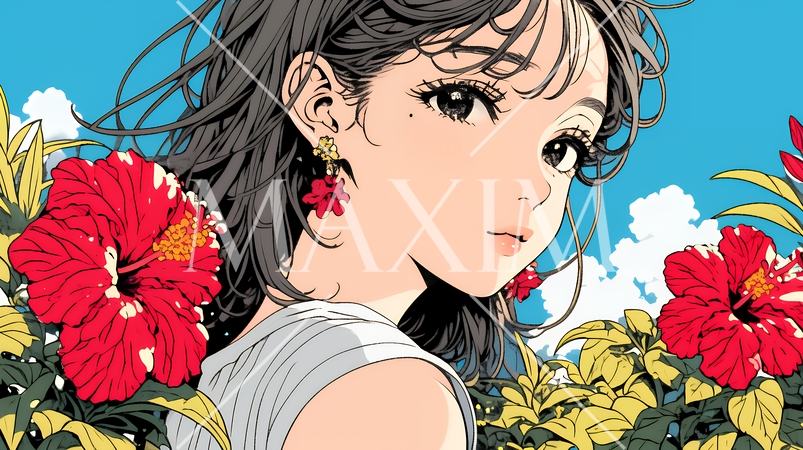 ハイビスカスと若い女性