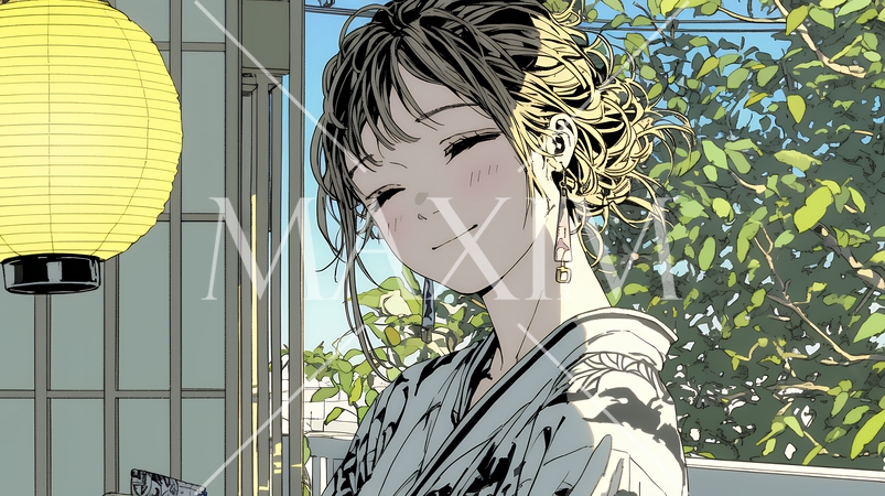 浴衣姿で夕涼みをしている若い女性