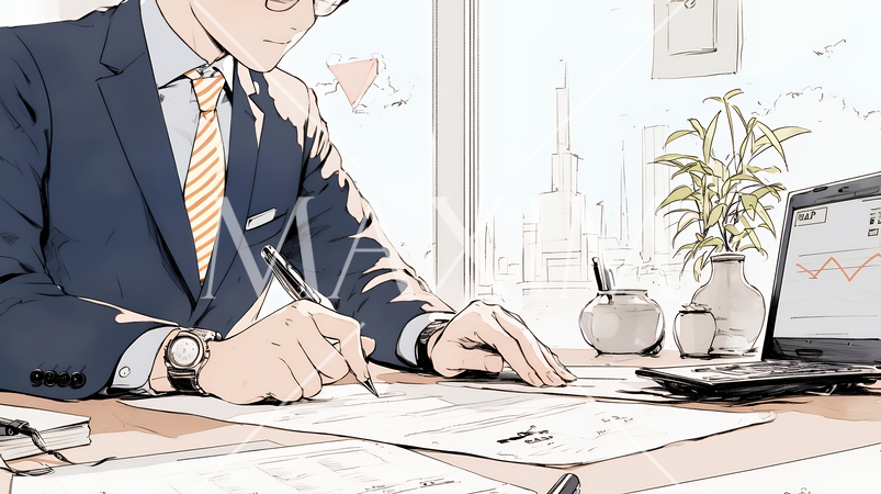 契約書にサインをしているビジネスパーソン（シンプルな色使い）