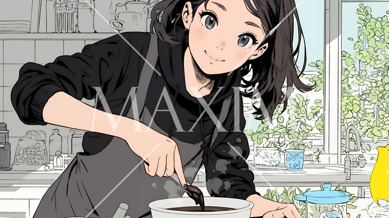 バレンタインプレゼント用のチョコレートを一生懸命作っている若い女性