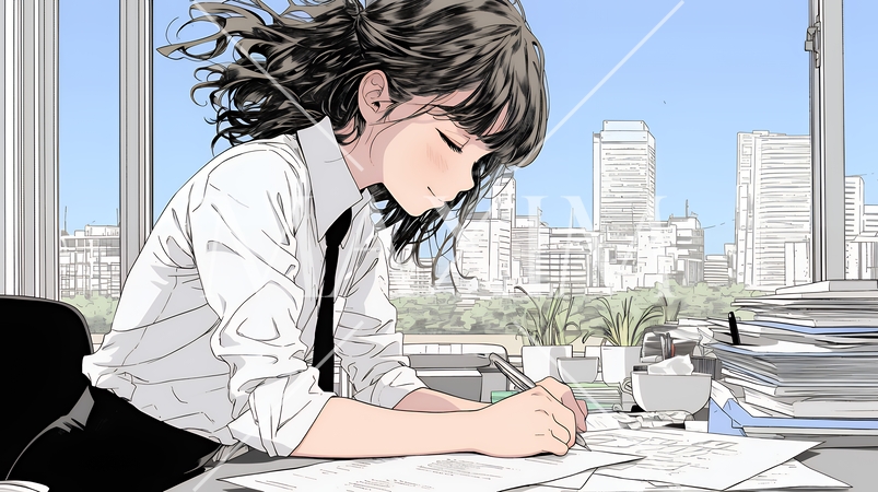 オフィスのデスクで、入念に書類をチェックする女性