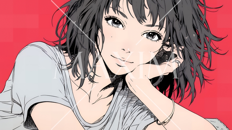 お茶目な（生意気な表情をした遊び心のある）若い女性