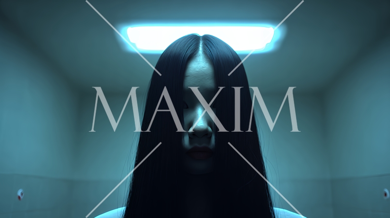 暗闇に佇む長い黒髪の幽霊女性｜日本的現代ホラーの恐怖イメージ