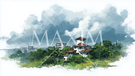 梅雨の沖縄風景｜南国の海と街並みを描いた水彩イラスト・雨季の観光イメージ | 5334240-17748
