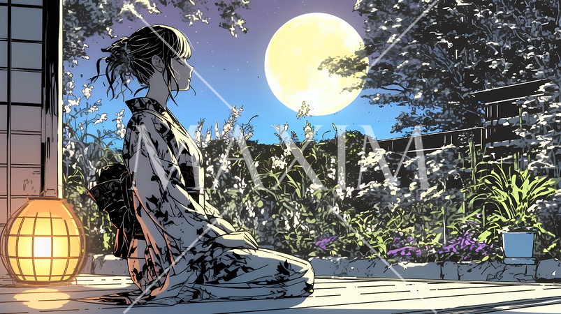 月見をしている和服姿の若い女性