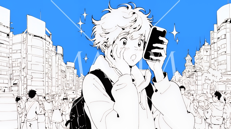 スマホの画面を見て驚いている若い女性（シンプルな色使い）