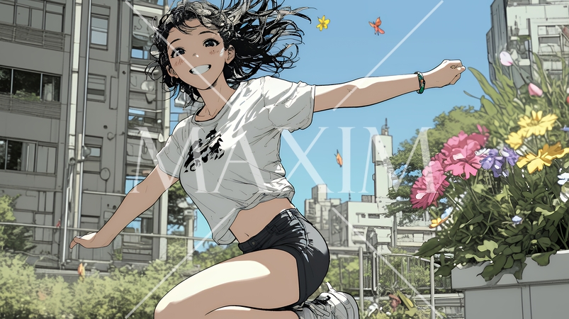 喜びにあふれ、軽やかにスキップする若い女性