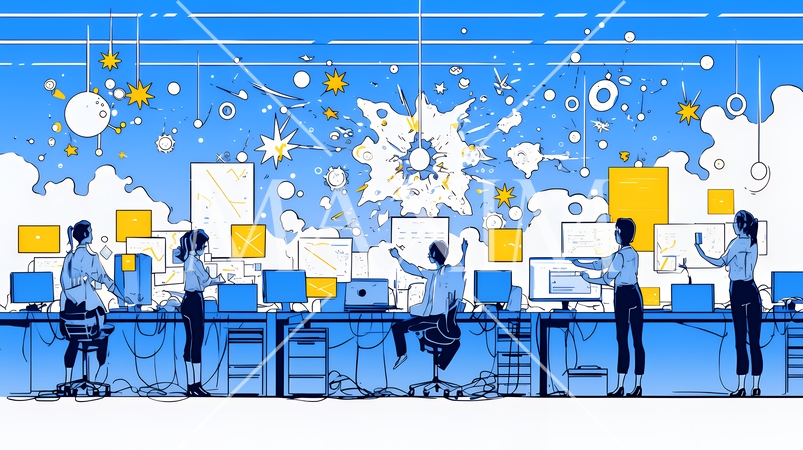 ITビジネスとクラウド技術のコンセプト｜ノートPCで働くチームとデータネットワークのイメージ