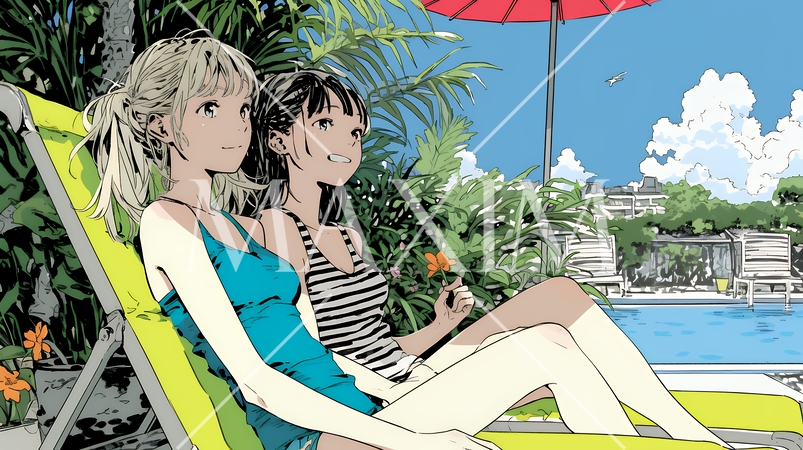 プールサイドのデッキチェアで談笑する女友達たち｜夏のリゾートで過ごすリラックスしたライフスタイルイメ