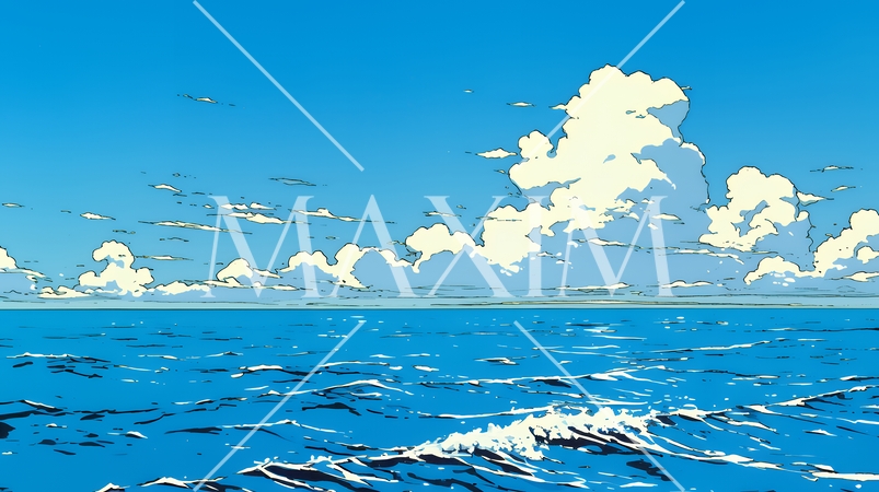 夏の青い空と青い海と白い雲のコントラスト