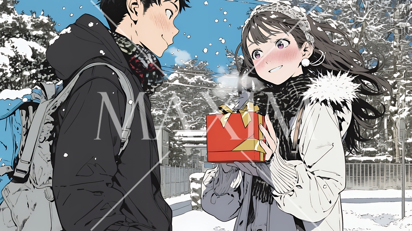 バレンタインディのチョコを男性に渡そうとしている若い女性