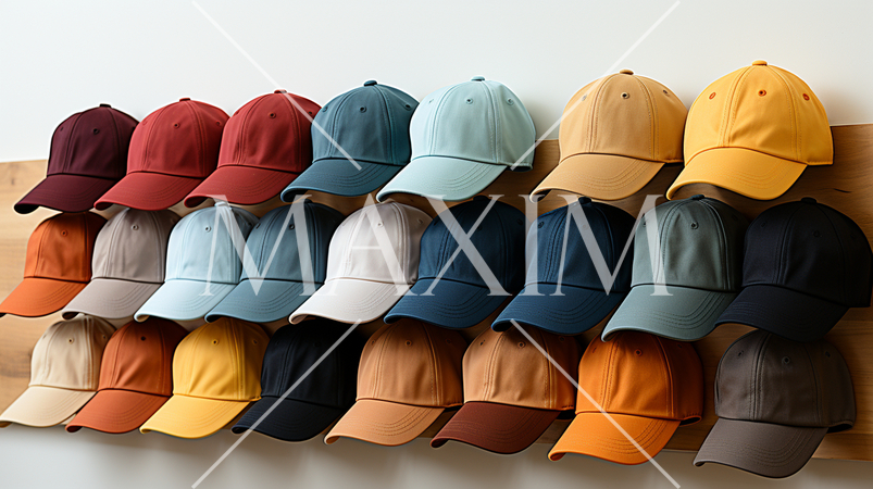 様々な色のキャップが壁に掛かっている背景画