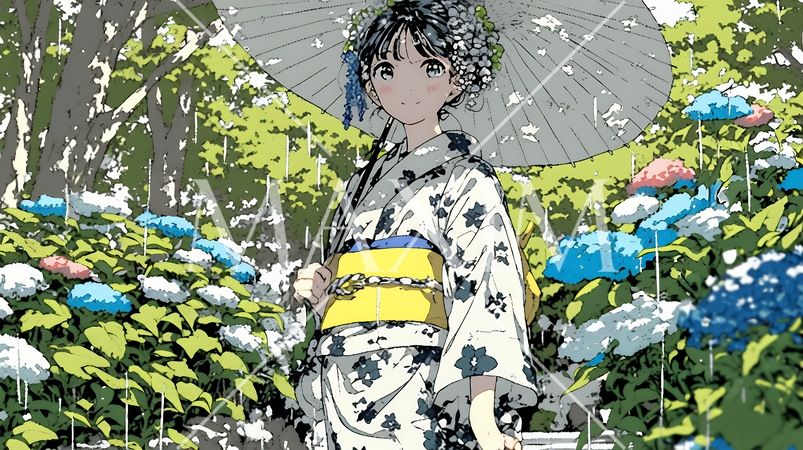 あじさいの小径を和服で歩く若い女性