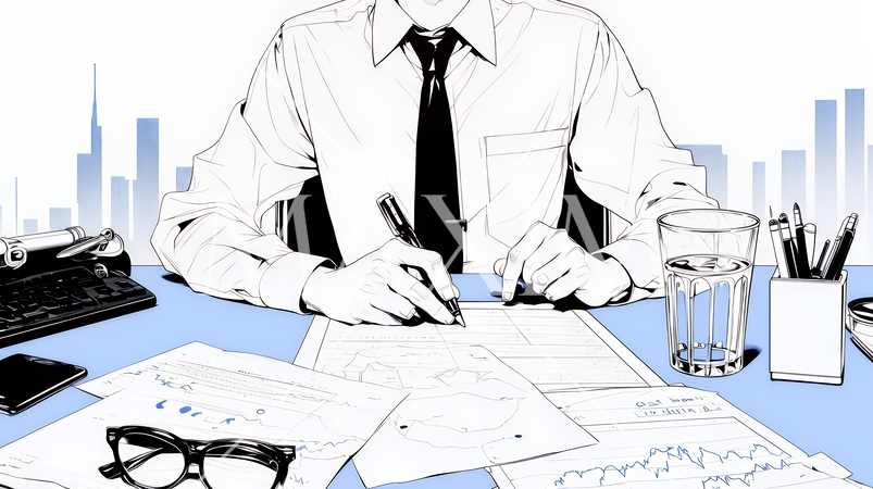 思いついたビジネスアイデアを書き留めている男性（シンプルな色使い）