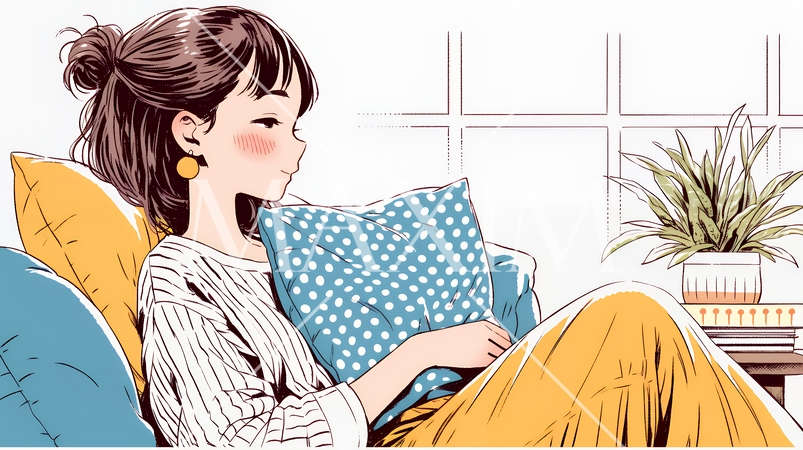 ソファでクッションを抱えてくつろぐ若い女性