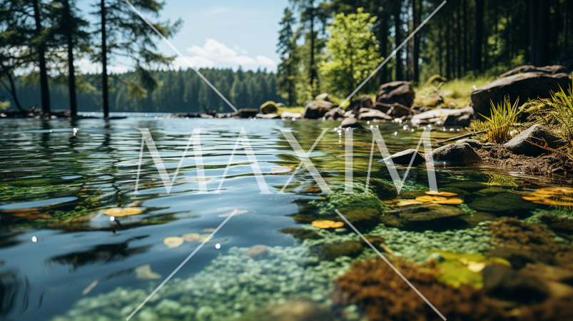 夏の森の湖の湖面から見た風景。水面には木々と空が映っている。水面の下には水草や岩についたコケも見える