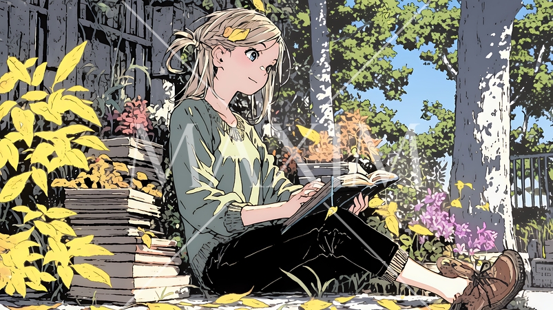 読書の秋：紅葉の木の下で本を読んでいる若い女性