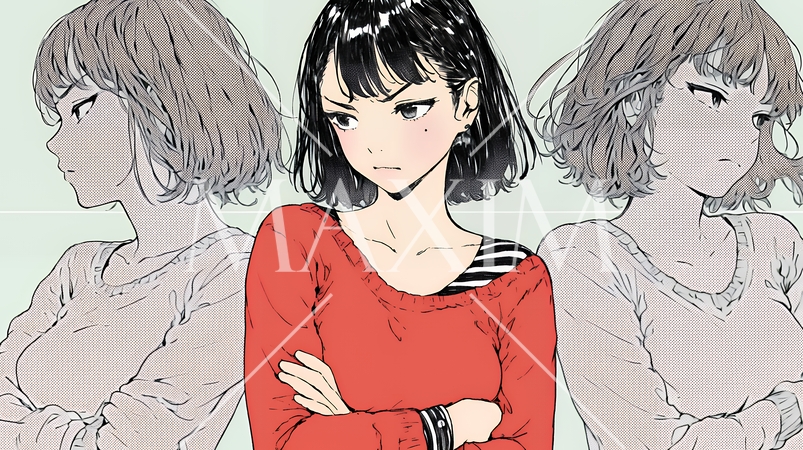 眉をひそめている女性：腕を組んで不安そうに立っている女性