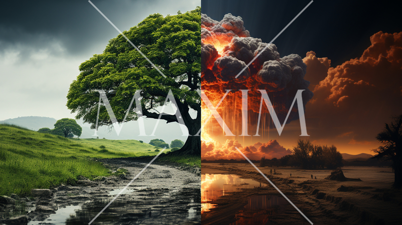 聞いて極楽見て地獄：極楽と地獄、極端な対比。巨大な樹木「バオバブ」と「核爆発のキノコ雲」の対比で。