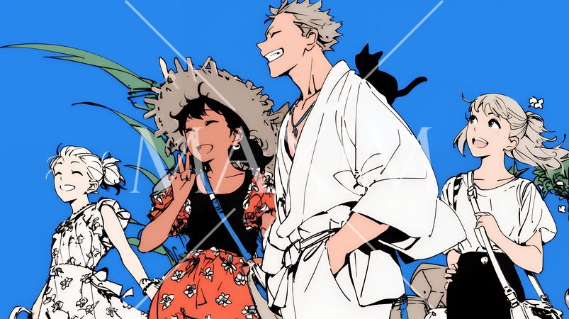 夏休みの思い出：友達と海水浴に行く（シンプルな色使い）