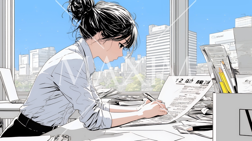 オフィスのデスクで、入念に書類をチェックする女性