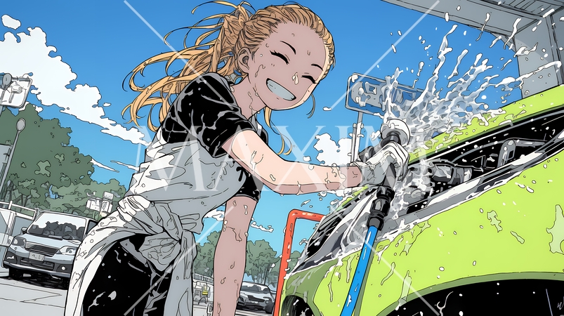 晴れた日に洗車をする若い女性｜青空と水しぶきの爽やかなライフスタイルシーン